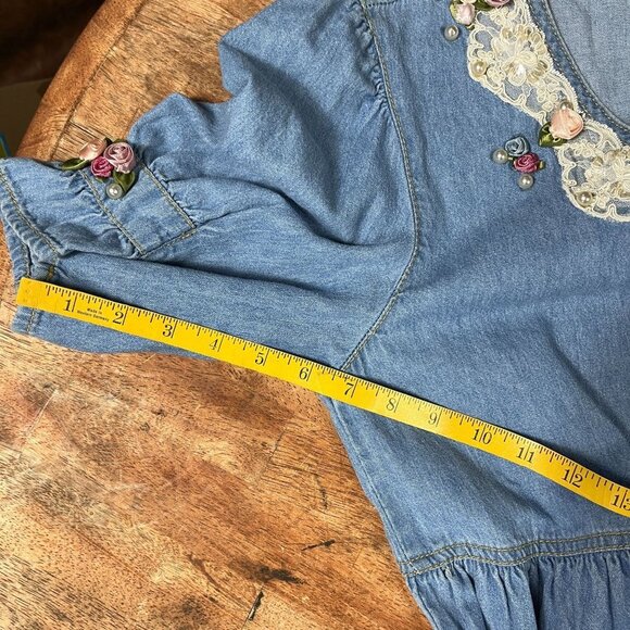 Vintage Chambray Button Down Flower Maxi Dress Womens M/L Cottagecore Lace Pearl - Picture 12 of 16